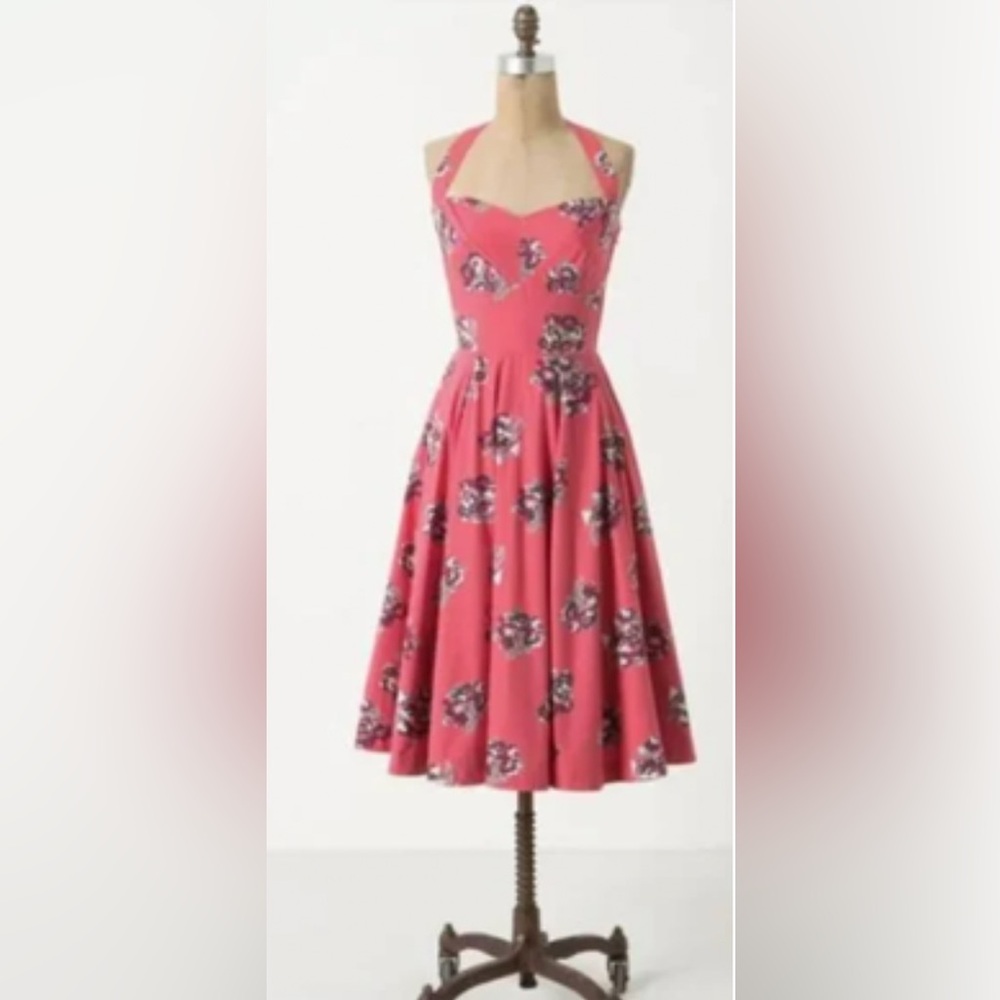 Anthropologie Pink Floral Halter Dress